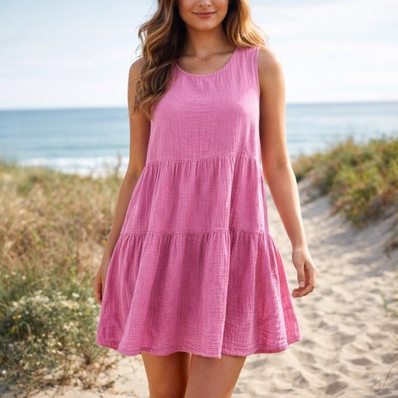 Universal Thread Dresses & Skirts - Pink Cotton Gauze Tiered Babydoll Mini Dress Size L | Universal Thread Coastal